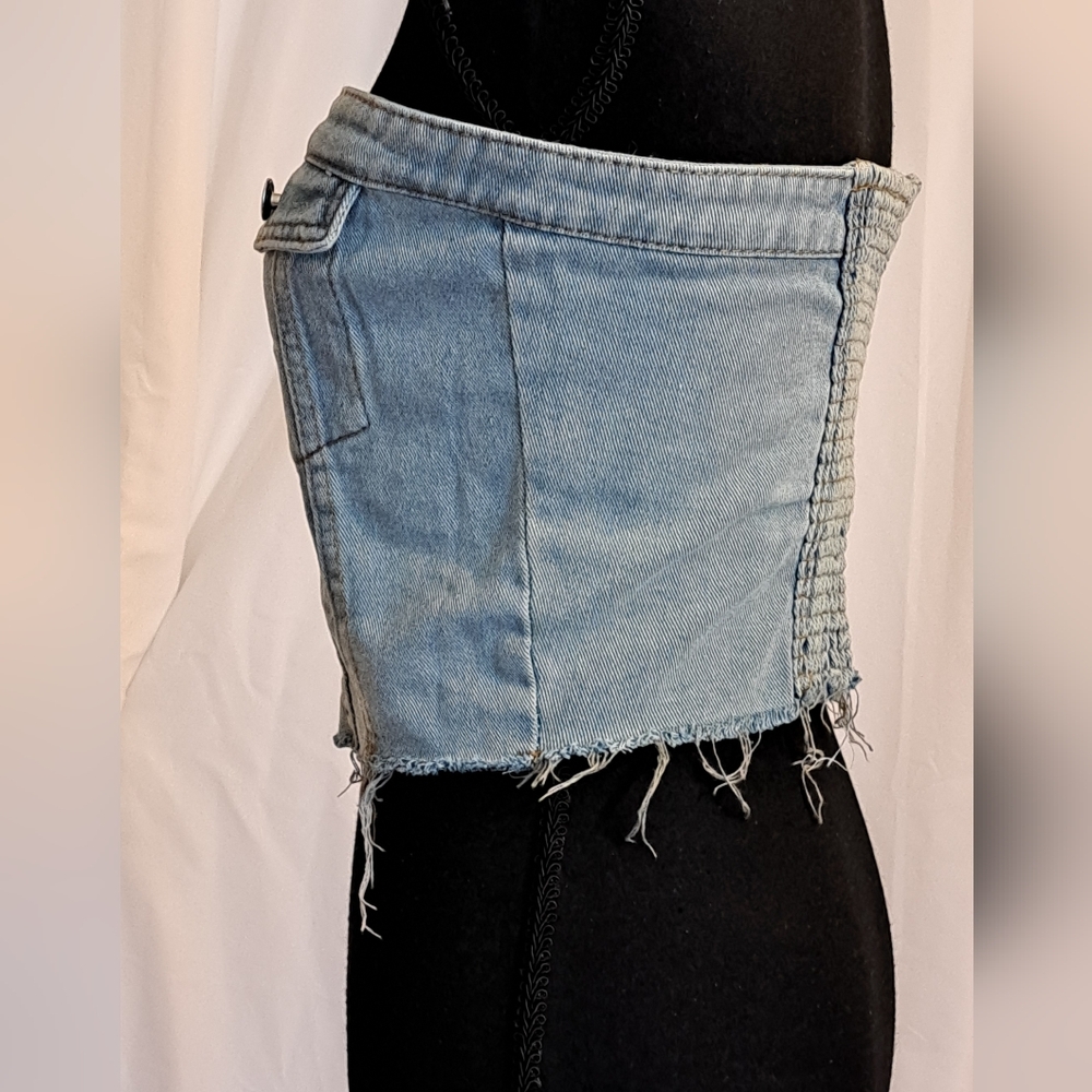 #005.B Source Unknown Sz M Denim Vest Corset Crop Button Down Top - Picture 2 of 13